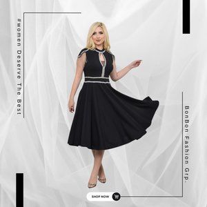 Women Cocktail Dress, Bold Elegance, Embrace Confidence in Our Black Midi Dress